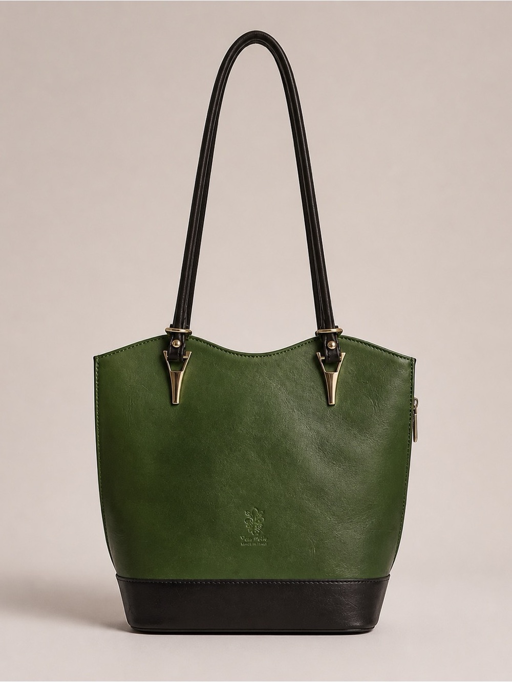 Convertible Italian Leather Backpack Tote Bag - Olive Green & Black